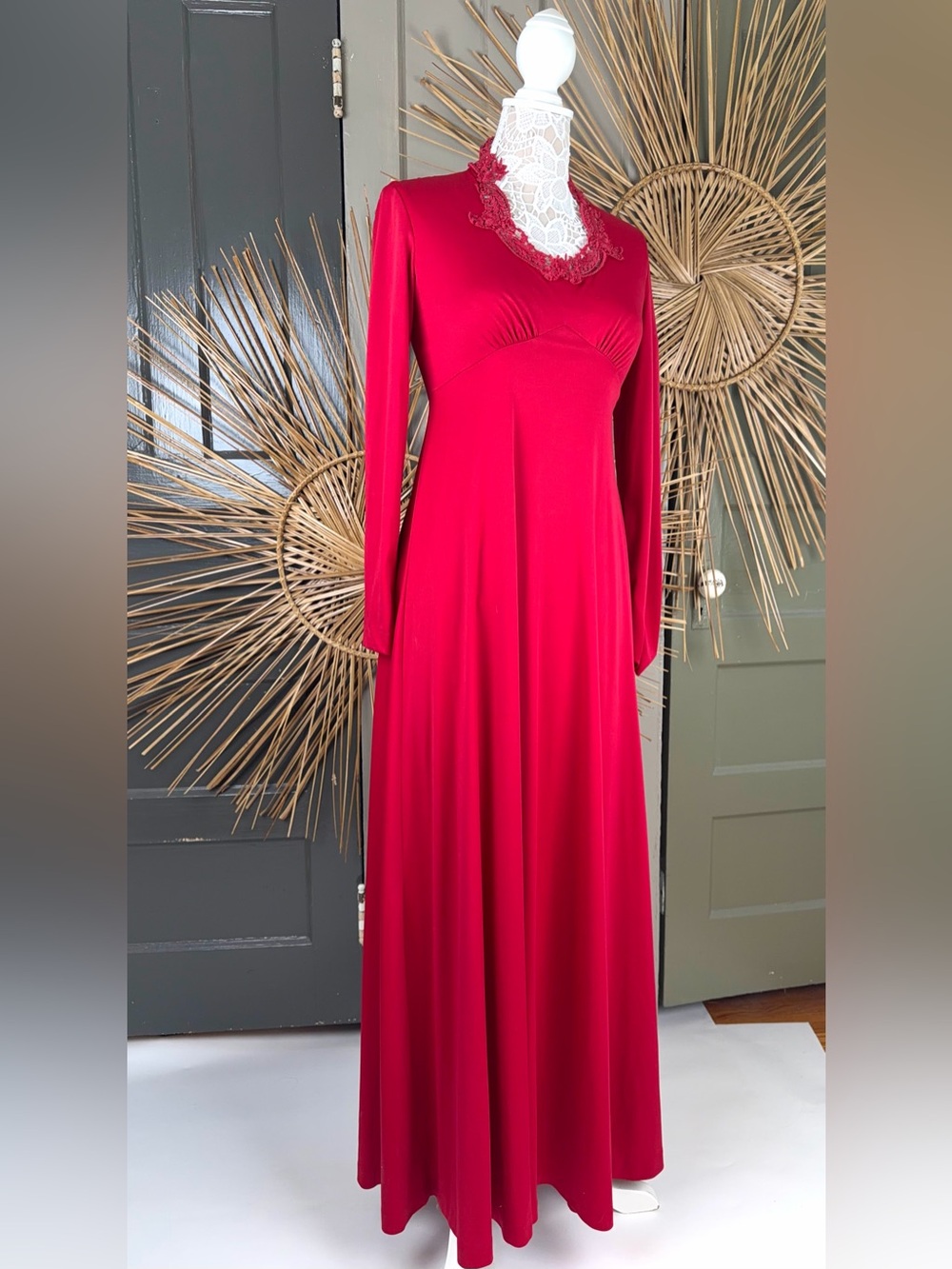 Vintage 70s Maxi Cranberry Red Empire Waist Gown Flowy Polyester Size S